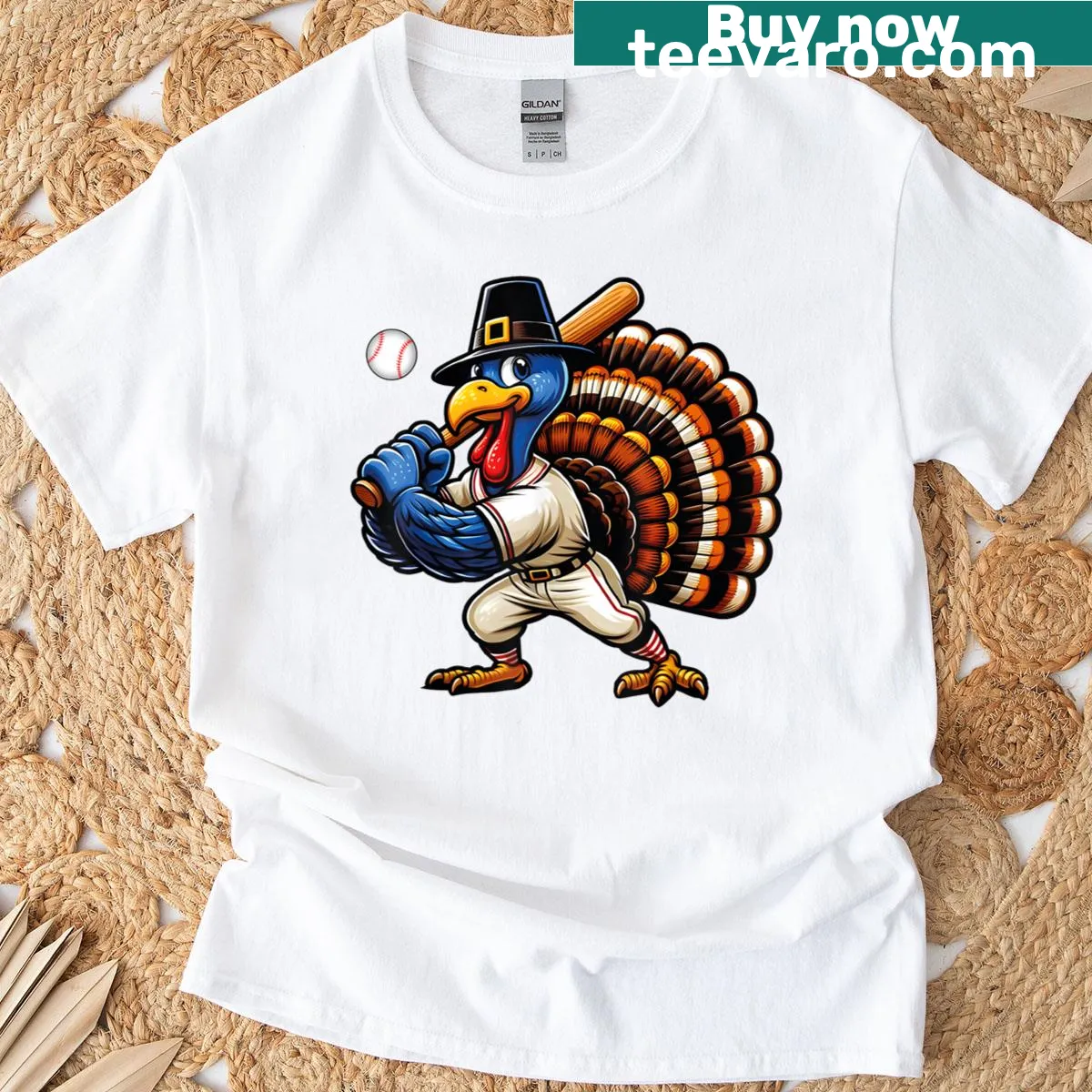 Cartoon T-shirt featuring a funny turkey and baseball theme for kids — on a men's t-shirt