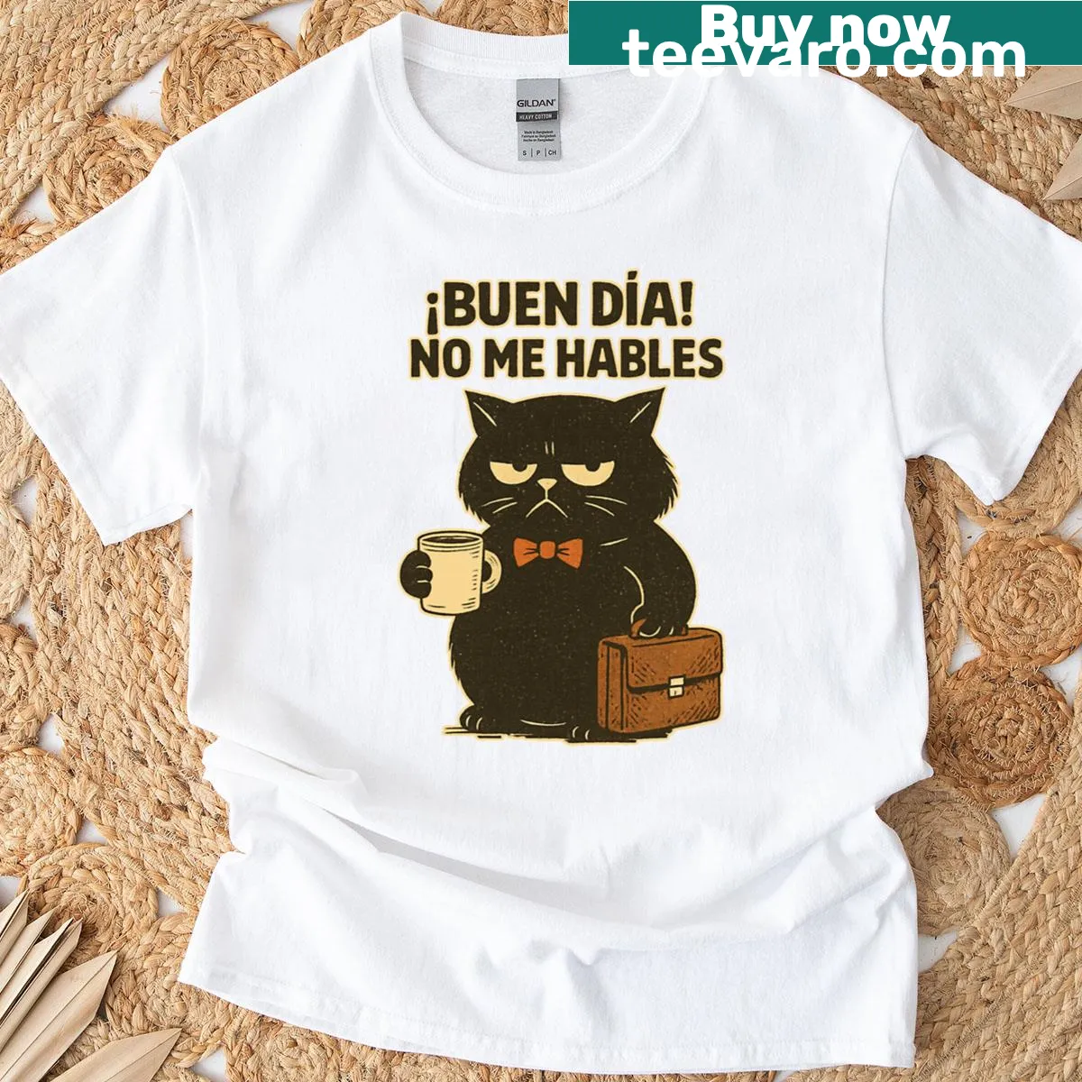 Illustrated black cat with quotes on a humorous t-shirt — on a men's t-shirt