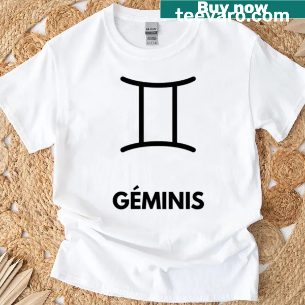 Bold Gemini zodiac typography in black on a t-shirt.