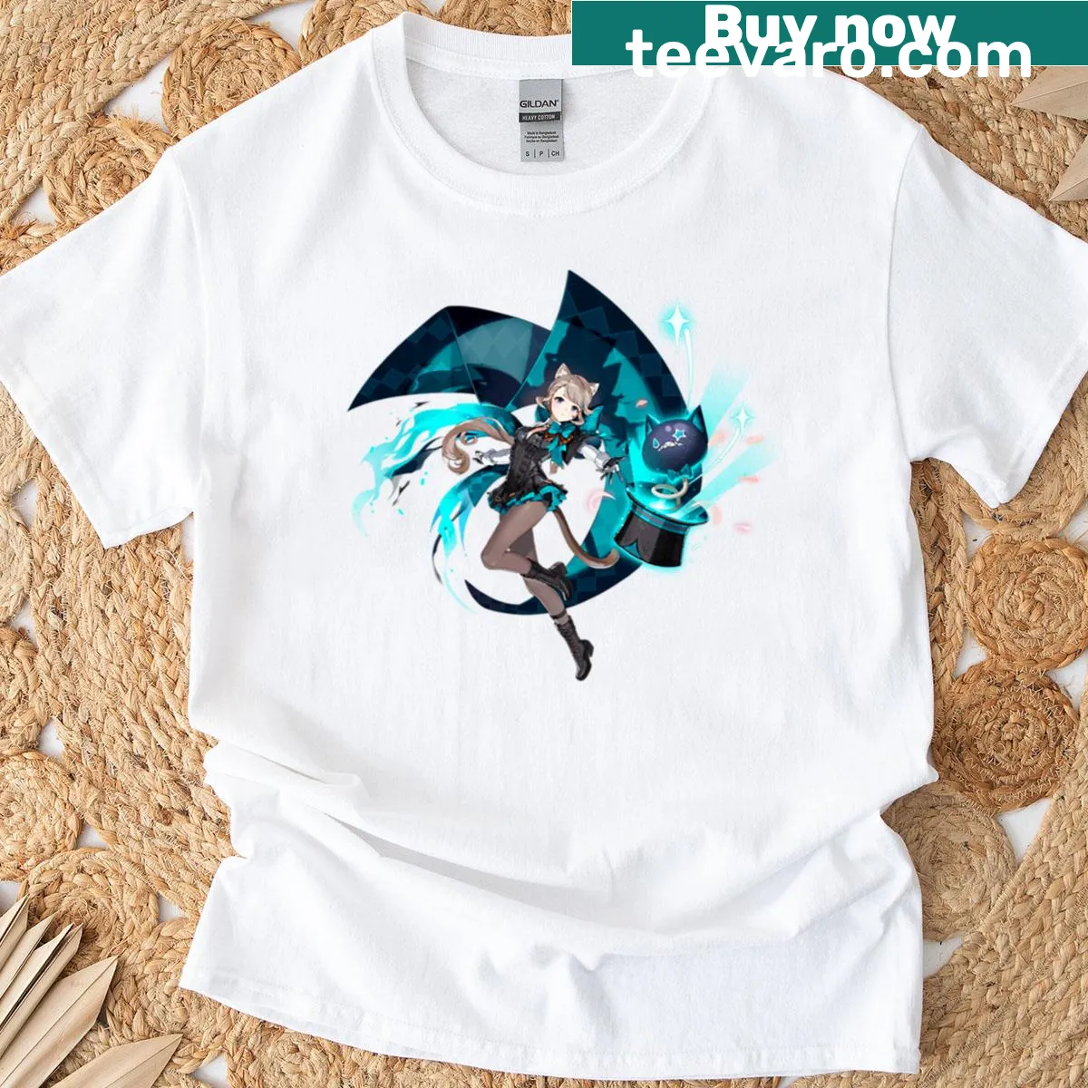 T-shirt featuring Lynette from Genshin Impact in vibrant splash art — on a men's t-shirt