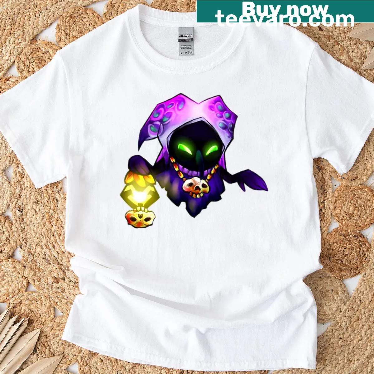 Illustrated T-shirt featuring a ghostly figure inspired by Edgar Allan Poe — on a men's t-shirt