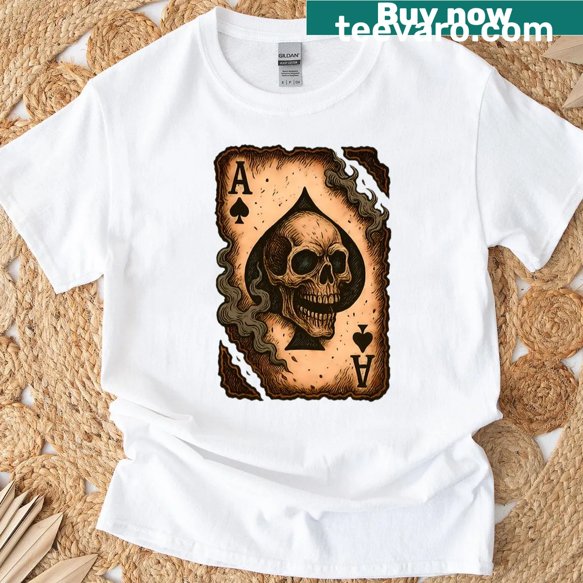 Gothic skull ace playing card design on a dark t-shirt — on a men's t-shirt