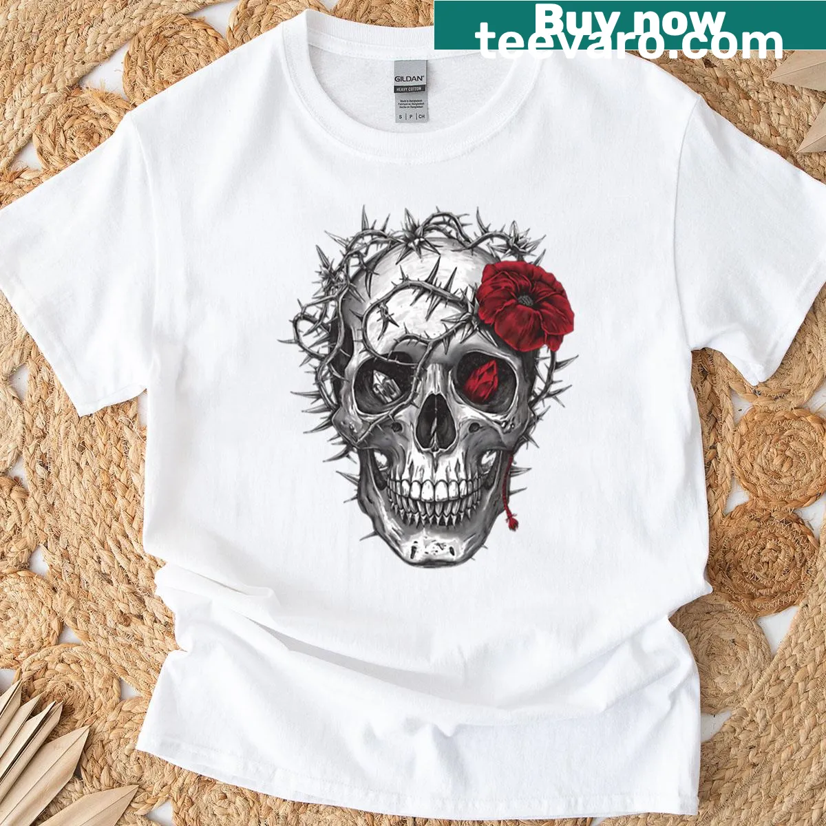 Gothic skull with thorn crown illustrated t-shirt — on a men's t-shirt