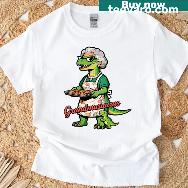 Illustration of a cookie-themed dinosaur grandma on a T-shirt