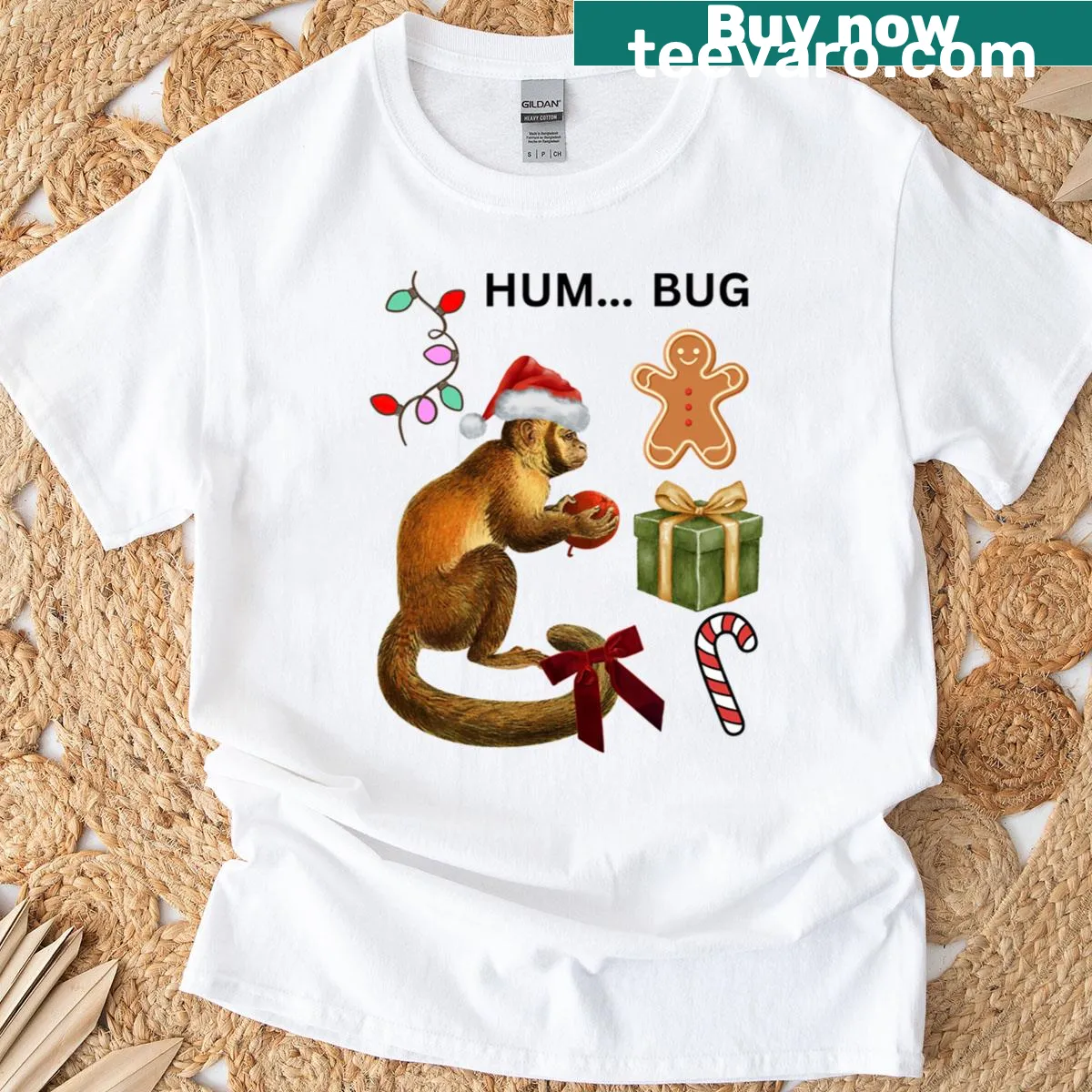 Grumpy cartoon monkey in Christmas attire on t-shirt — on a men's t-shirt