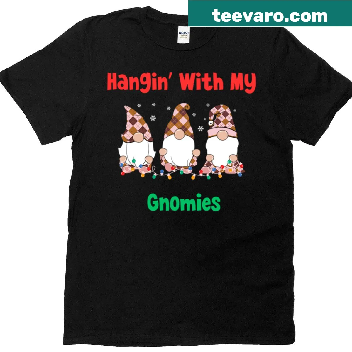 Cartoon Hangin' With My Gnomies t-shirt featuring cheerful gnomes — on a men's t-shirt