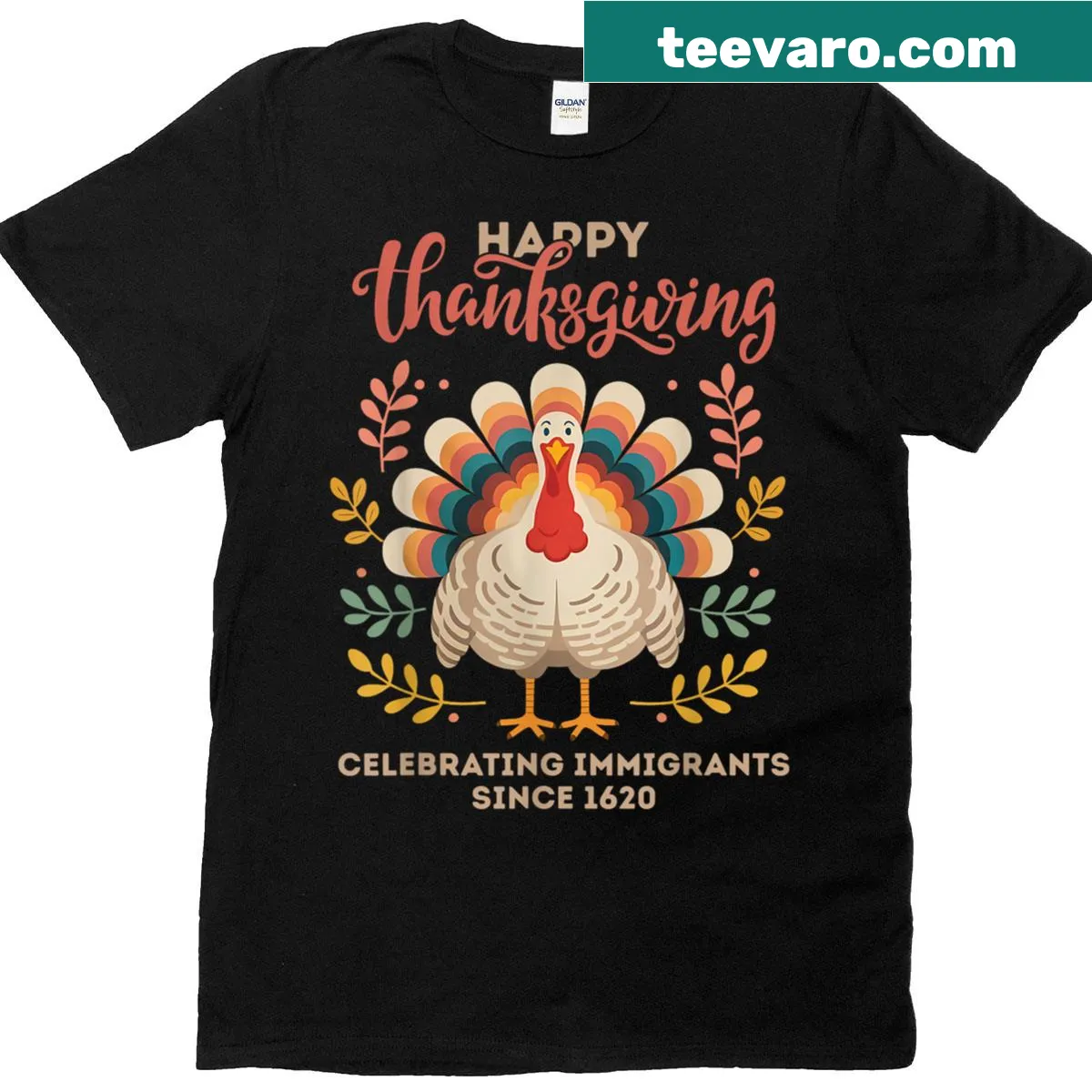 Thanksgiving T-shirt celebrating immigrants since 1620 with turkey graphic — on a men's t-shirt