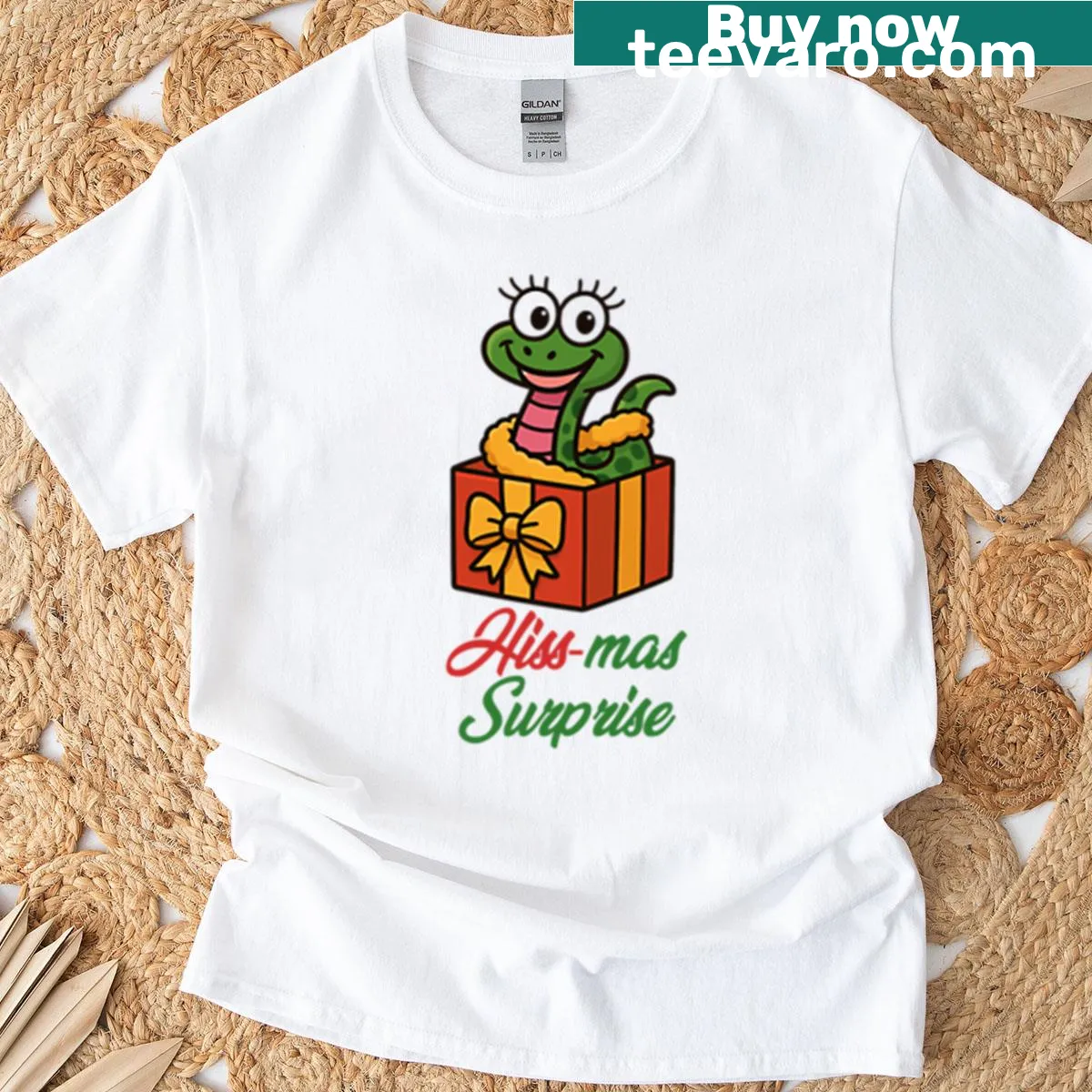 Playful snake graphic t-shirt with Christmas theme — on a men's t-shirt
