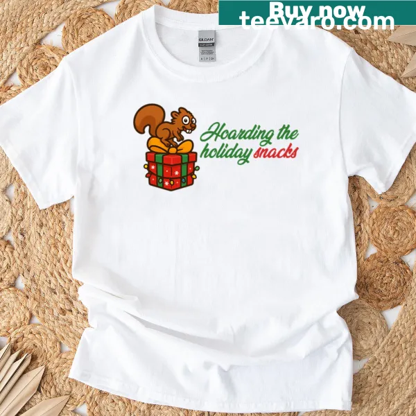 Funny Christmas T-shirt with a squirrel hoarding holiday snacks in a playful illustration