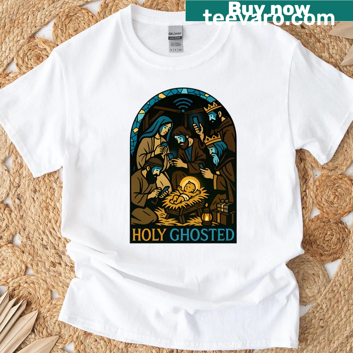 Christmas t-shirt with a nativity scene and smartphone — on a men's t-shirt