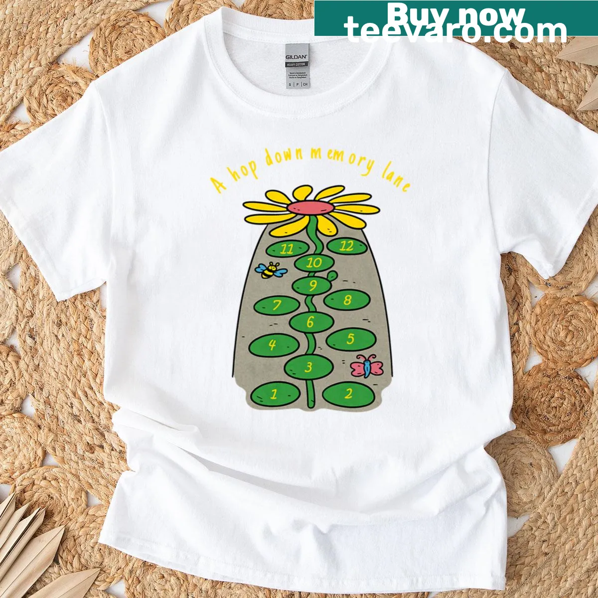 T-shirt featuring a nostalgic hopscotch design reminiscent of childhood. — on a men's t-shirt