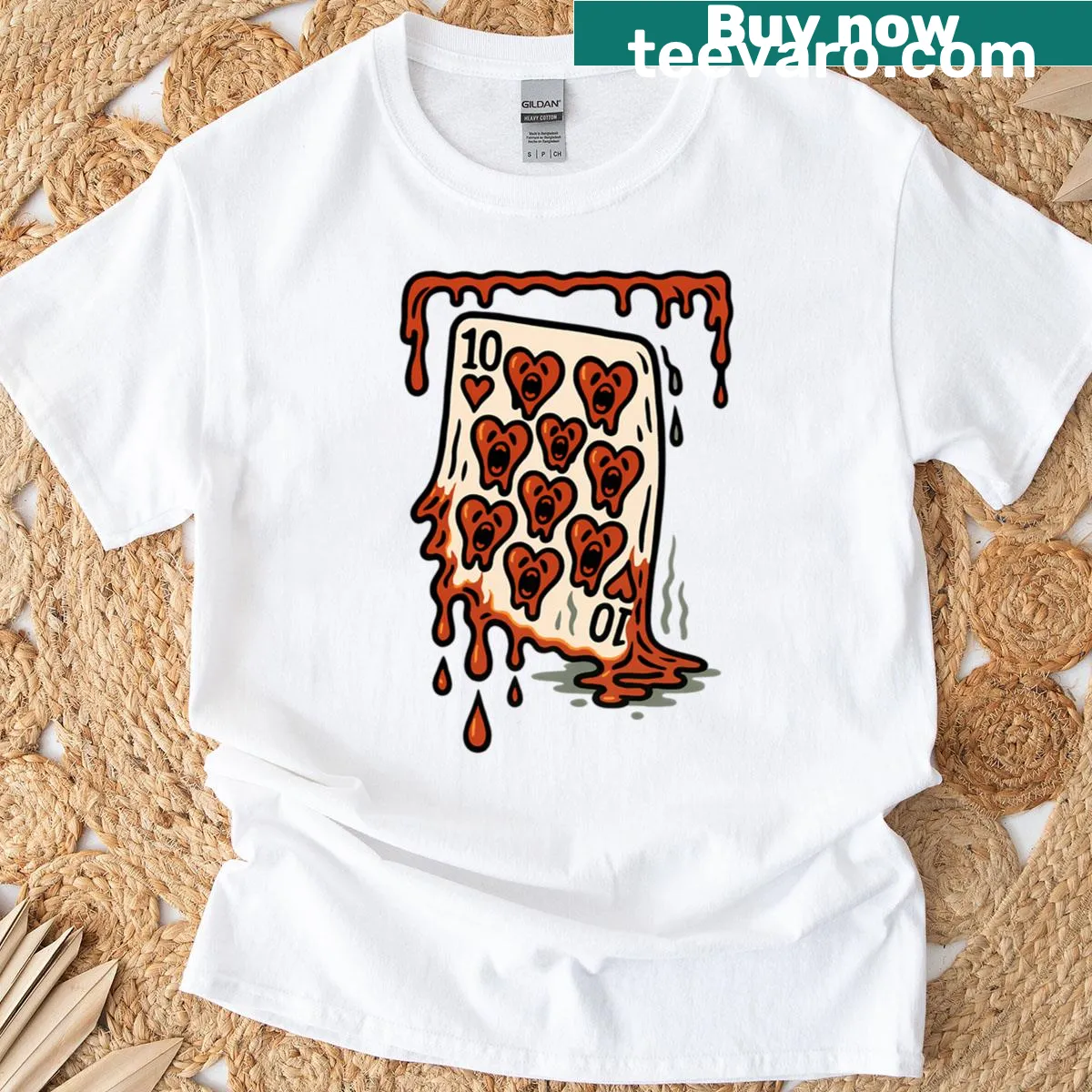 Melting playing card with a screaming Ten of Hearts graphic — on a men's t-shirt