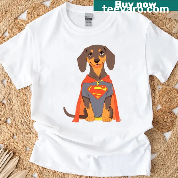 Cartoon dachshund superhero illustration on t-shirt