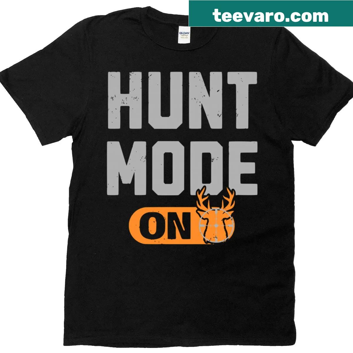 Humorous T-shirt with buck deer graphic and 'Hunt Mode On' text — on a men's t-shirt