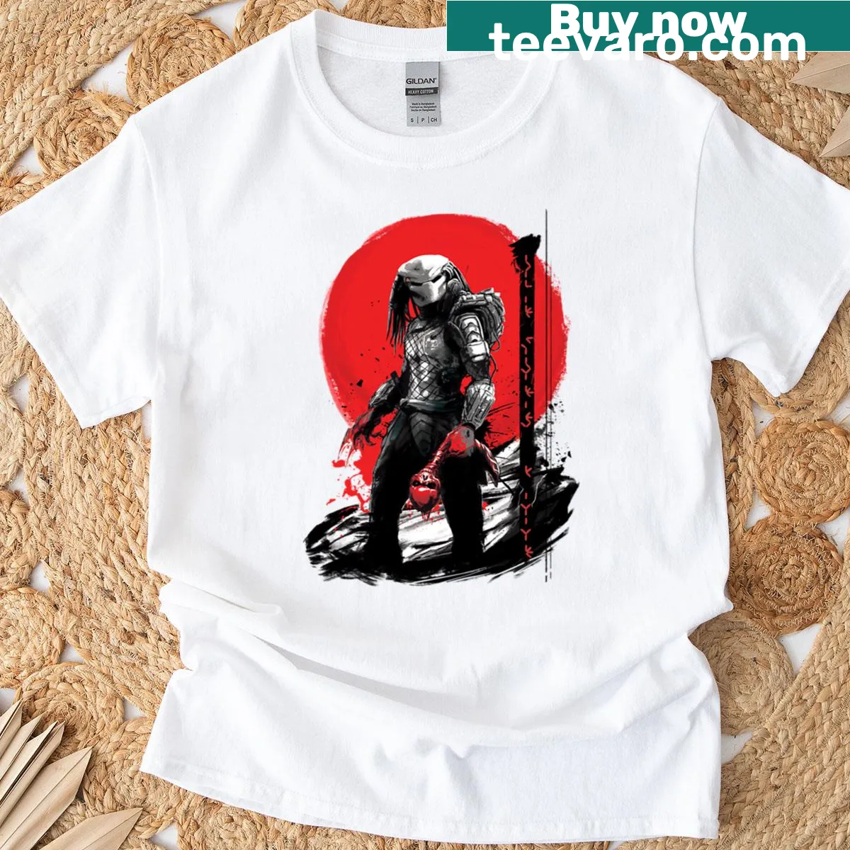 Predator silhouette under Hunter's Moon graphic on t-shirt — on a men's t-shirt