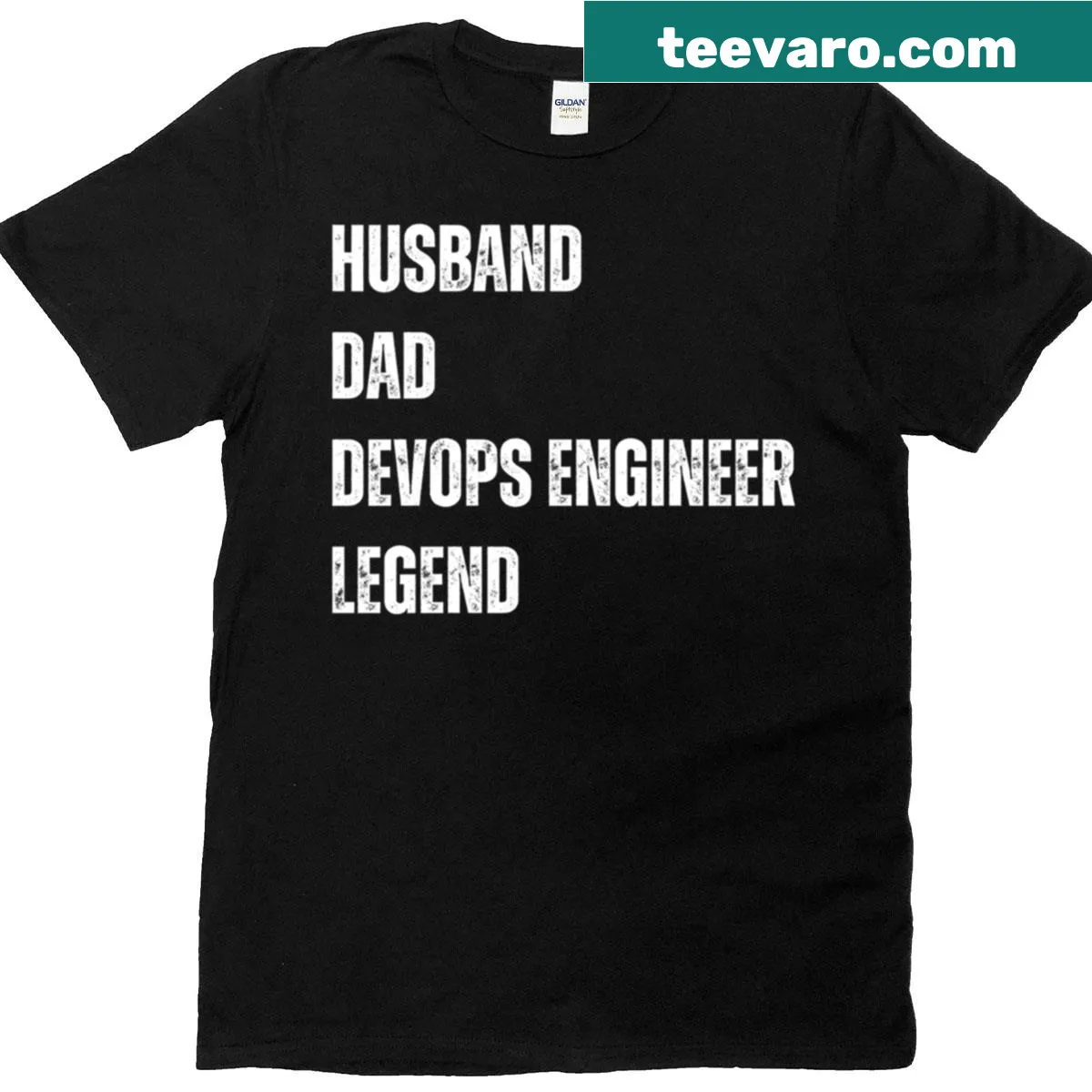 T-shirt for dads with a design celebrating Husband and DevOps Engineer roles — on a men's t-shirt