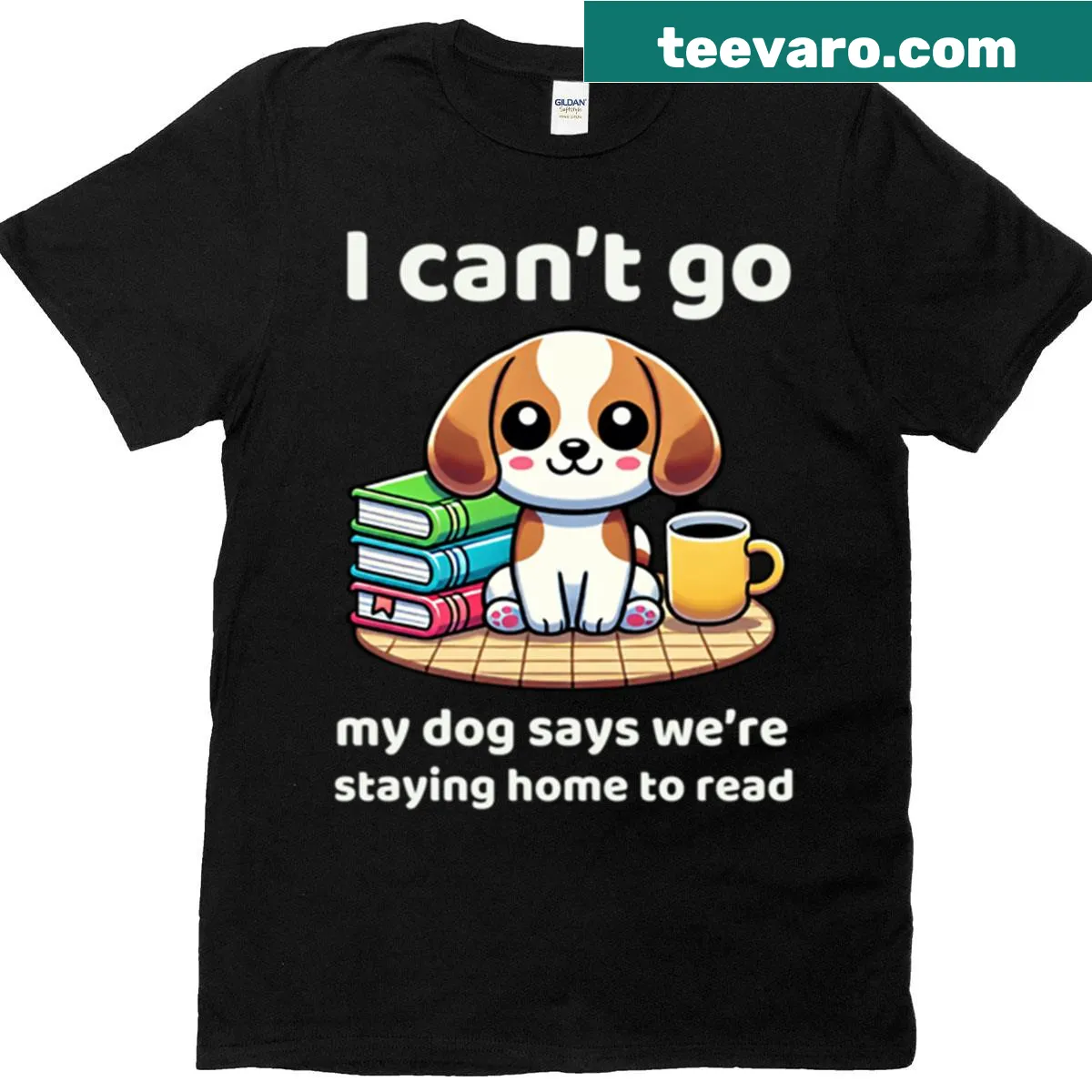 Cute dog-themed shirt with reading and coffee graphic — on a men's t-shirt