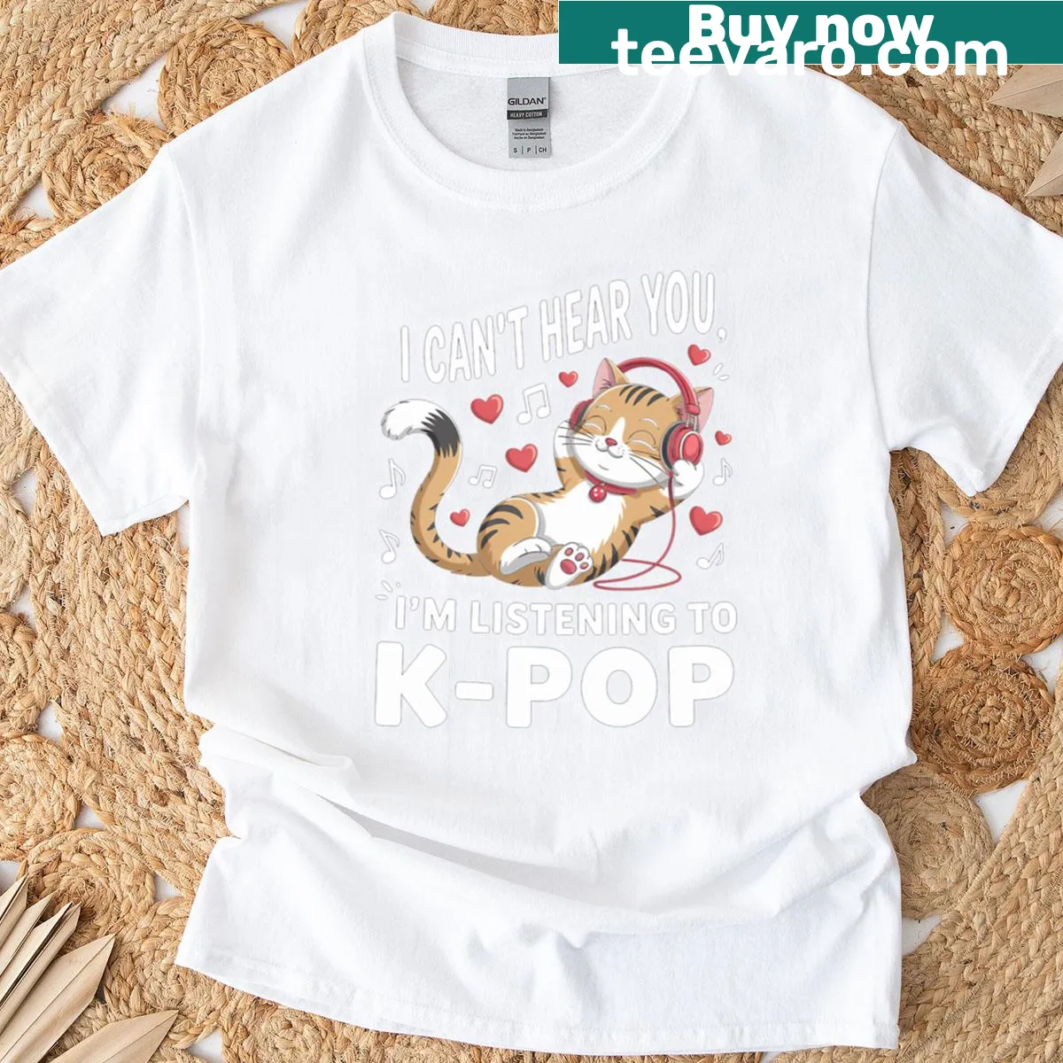 Kawaii cat with headphones and Kpop humor text — on a men's t-shirt