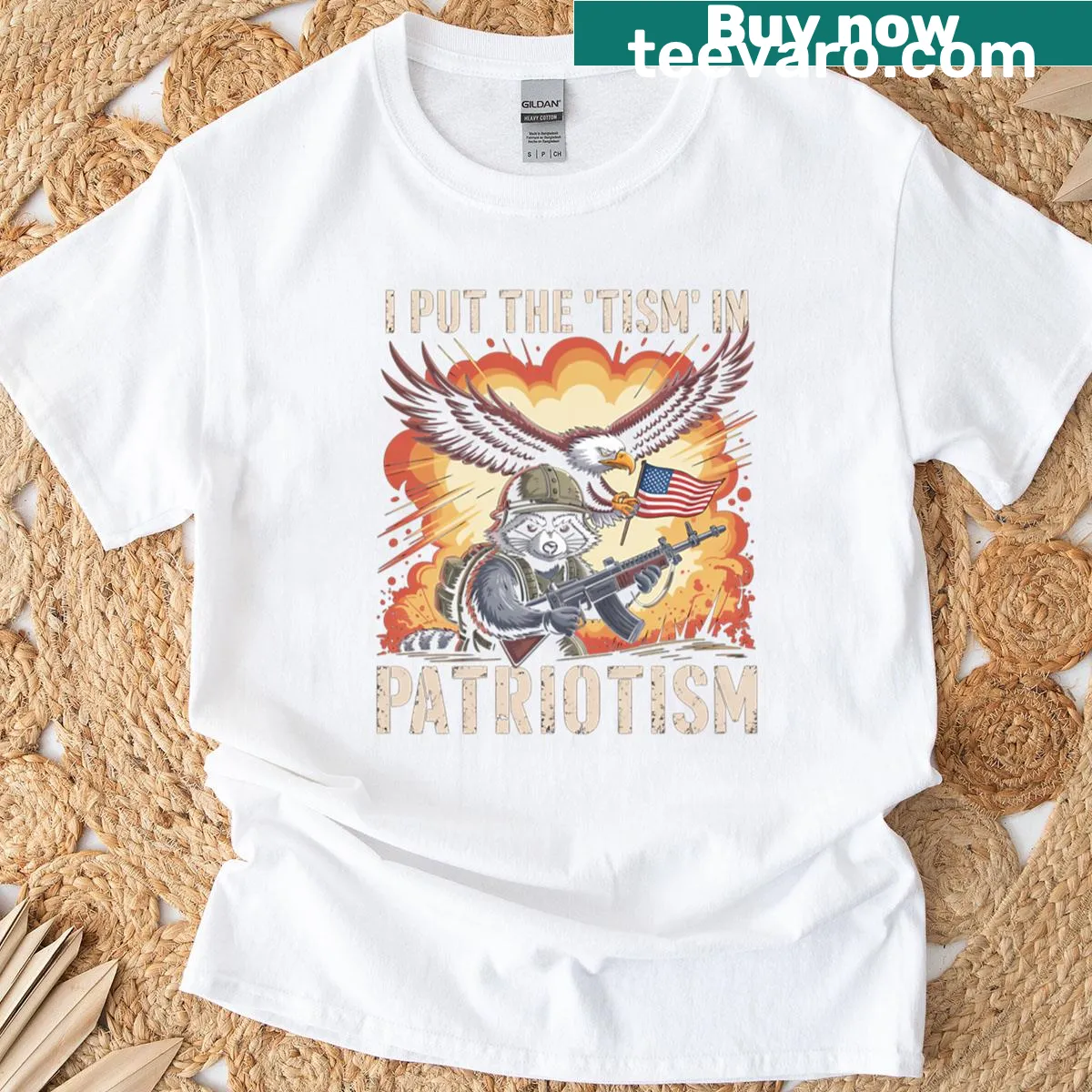 T-shirt with eagle and raccoon design and patriotic text — on a men's t-shirt