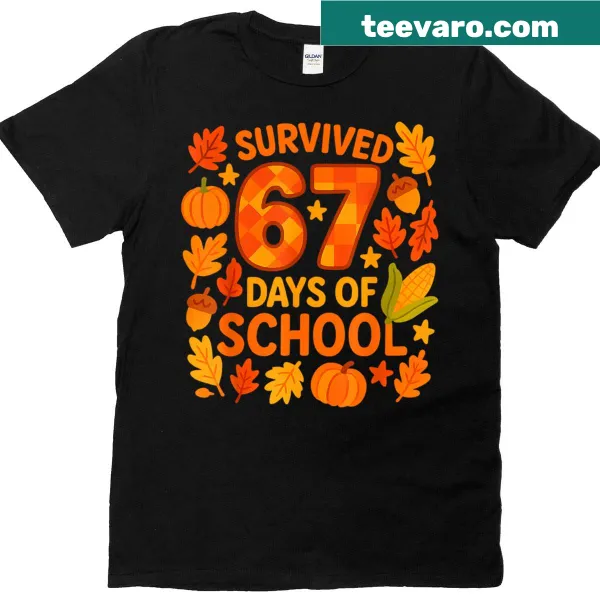 Funny T-shirt celebrating survival of 67 school days with playful text