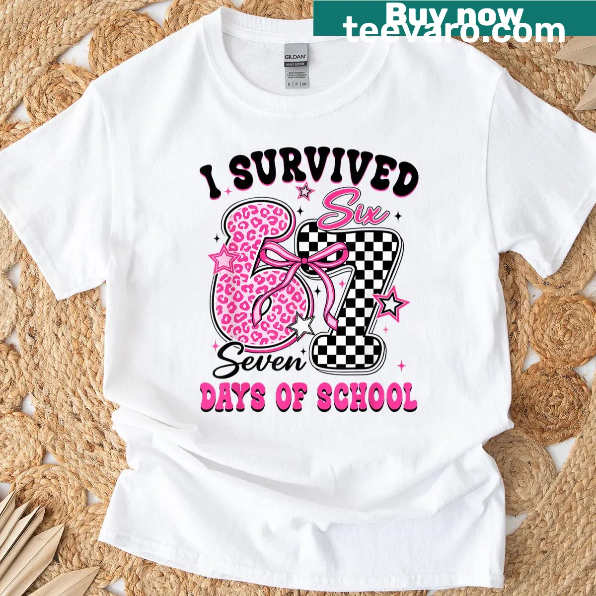 Casual t-shirt celebrating surviving 67 days of school with bold text — on a men's t-shirt