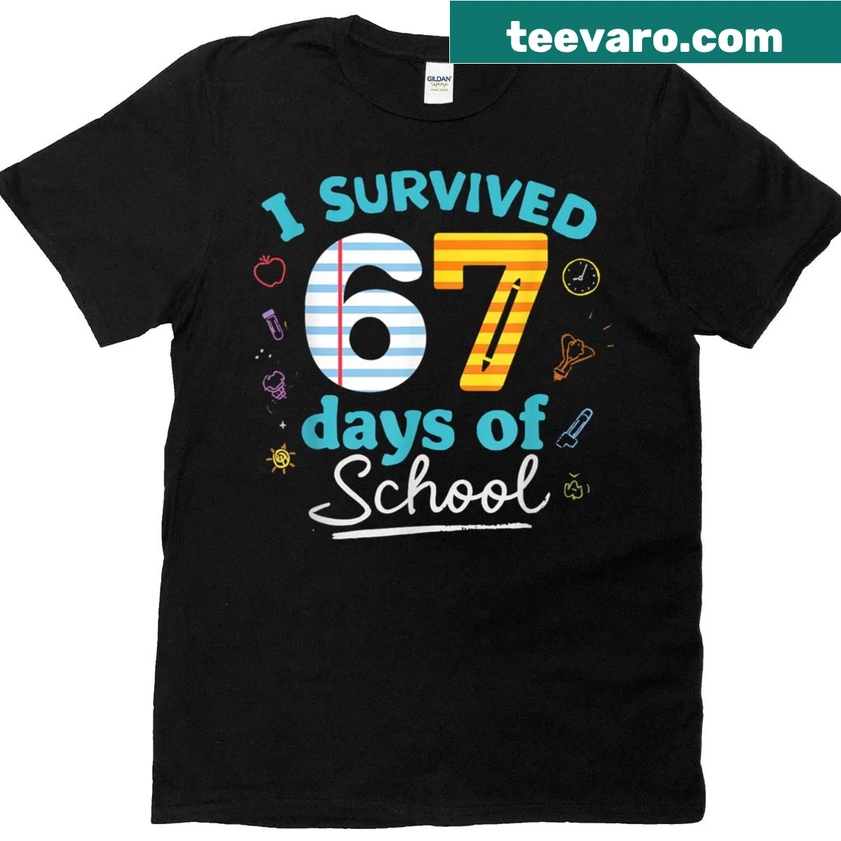 Funny T-shirt celebrating survival of 67 school days with playful text — on a men's t-shirt
