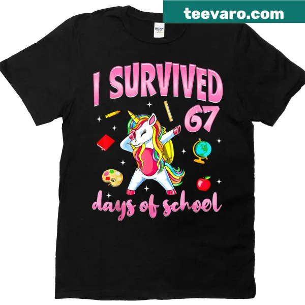 Funny teacher-student T-shirt with 'I Survived 67 Days of School' and unicorn