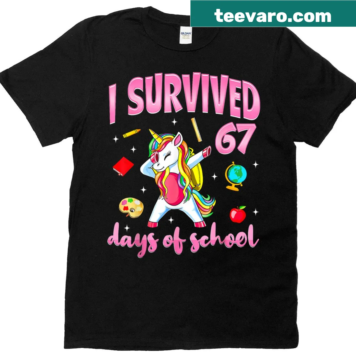 Funny teacher-student T-shirt with 'I Survived 67 Days of School' and unicorn — on a men's t-shirt