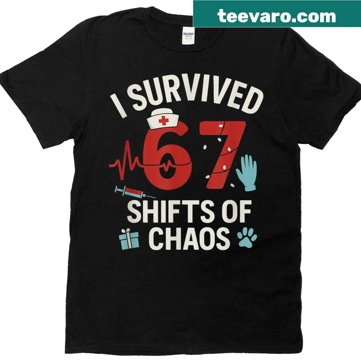 Nurse humor T-shirt stating 'I Survived 67 Shifts of Chaos' — on a men's t-shirt