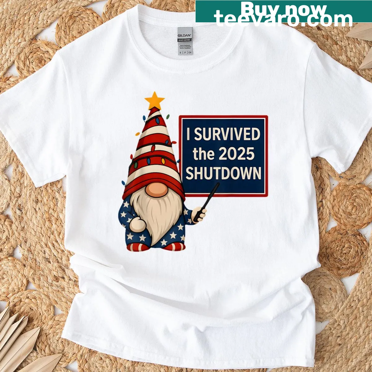 Funny T-shirt with I Survived The 2025 Shutdown and gnome — on a men's t-shirt