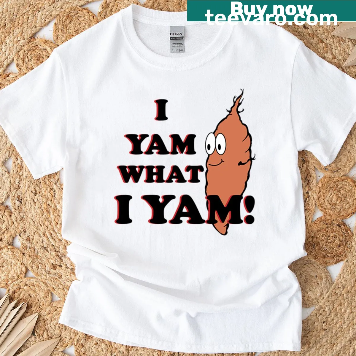 T-shirt with the phrase I Yam What I Yam and an illustrated character — on a men's t-shirt