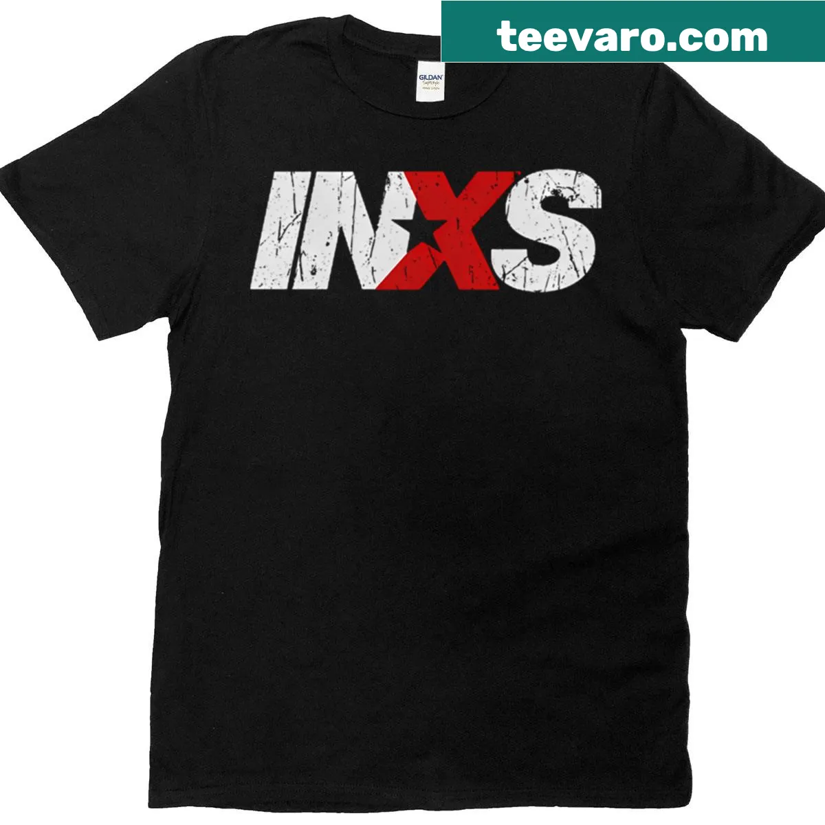Vintage INXS logo T-shirt celebrating the iconic band — on a men's t-shirt