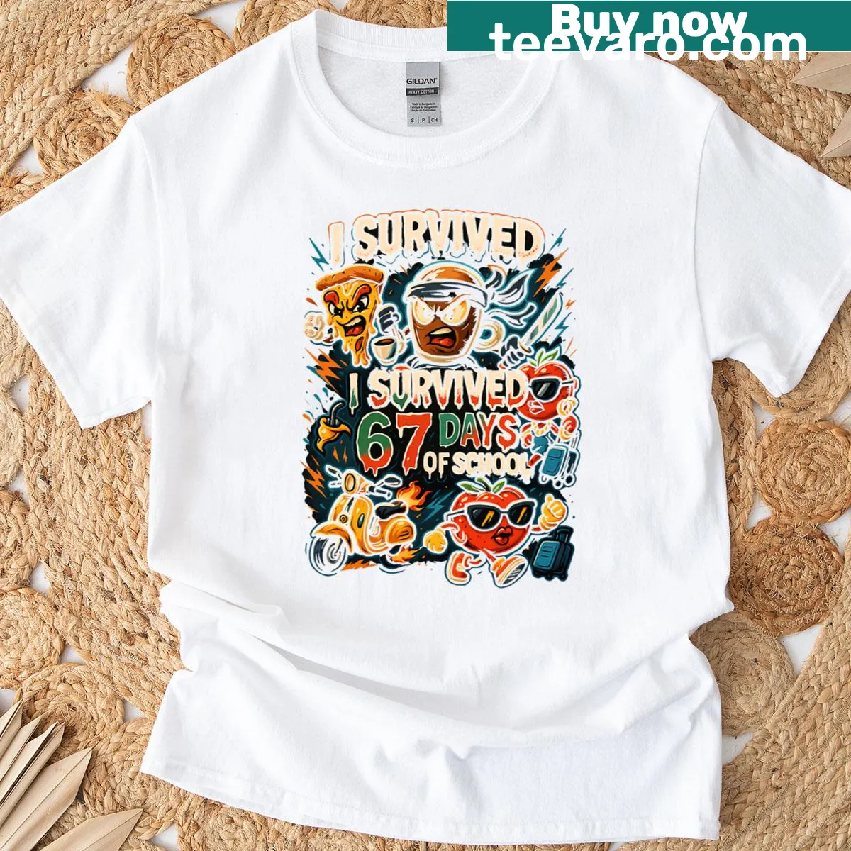 Funny T-shirt with 'I Survived 67 Days Of School' saying — on a men's t-shirt
