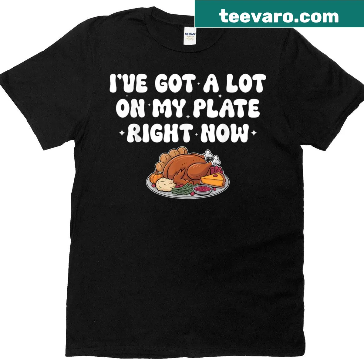 Funny Thanksgiving t-shirt with a graphic of an overflowing plate — on a men's t-shirt