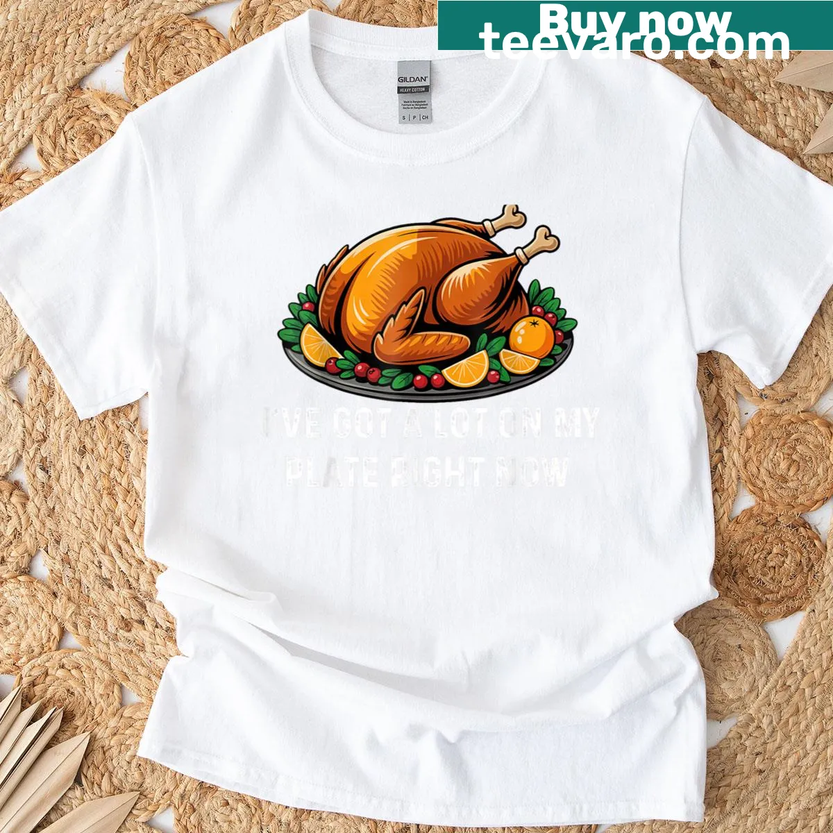 Thanksgiving T-shirt with a humorous graphic of an overflowing dinner plate — on a men's t-shirt