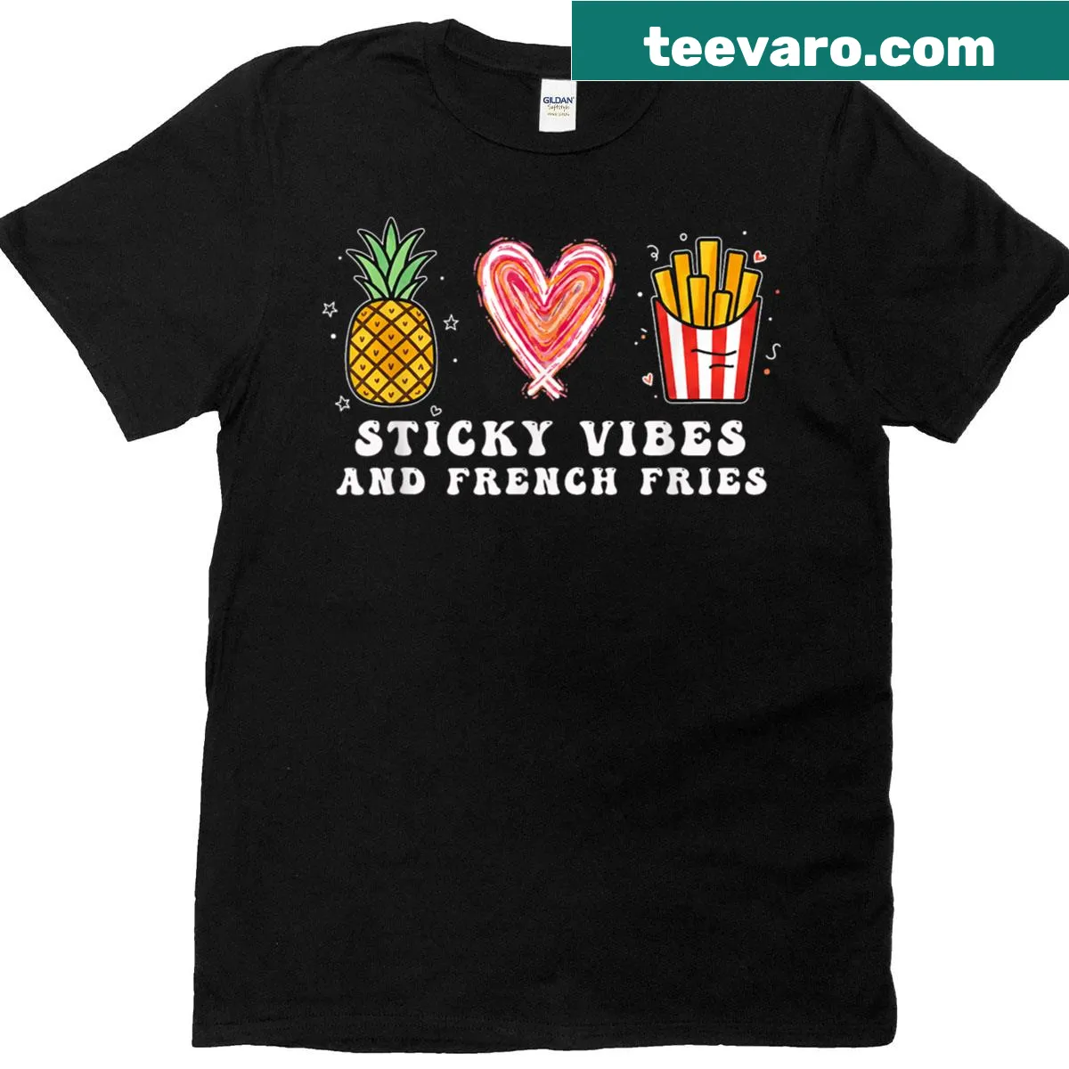 French fries graphic with 'Sticky Vibes' text for IVF moms — on a men's t-shirt