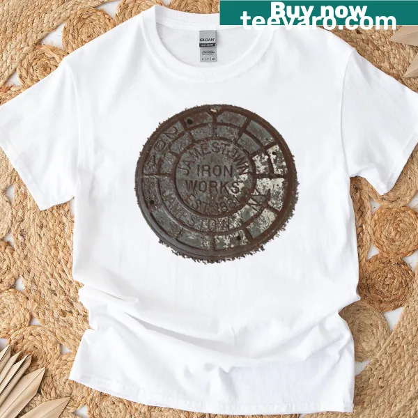 T-shirt featuring a graphic inspired by Jamestown NY manhole cover.