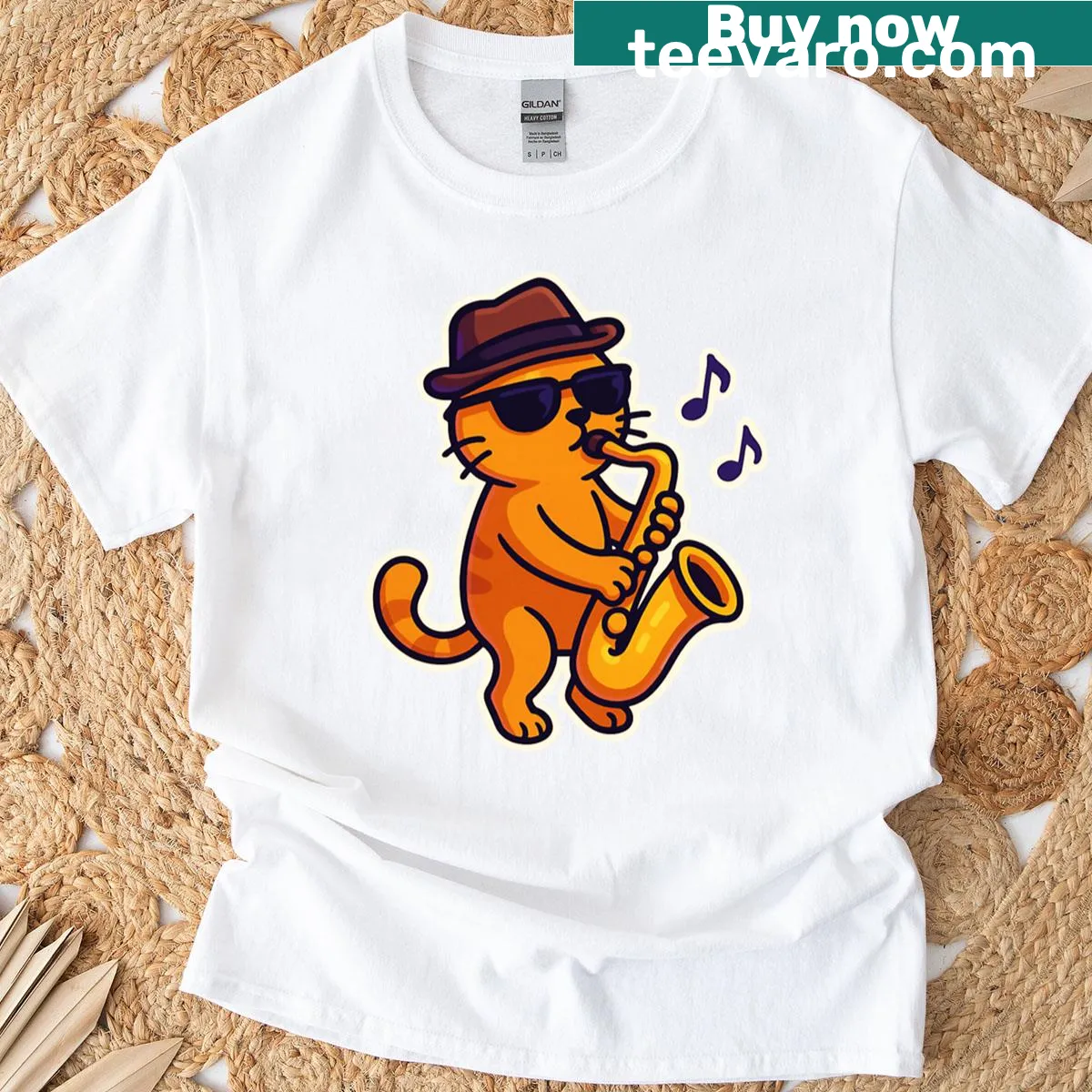 Cool orange cat playing saxophone graphic on playful T-shirt — on a men's t-shirt