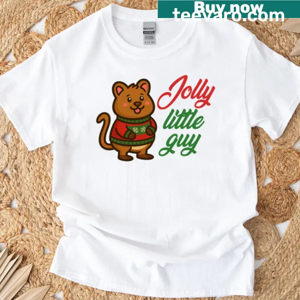 Christmas T-shirt with a cute quokka illustration in festive attire.