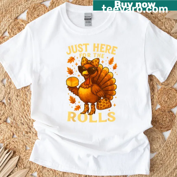Fun Thanksgiving T-shirt with leopard print and 'Just Here For The Rolls' text