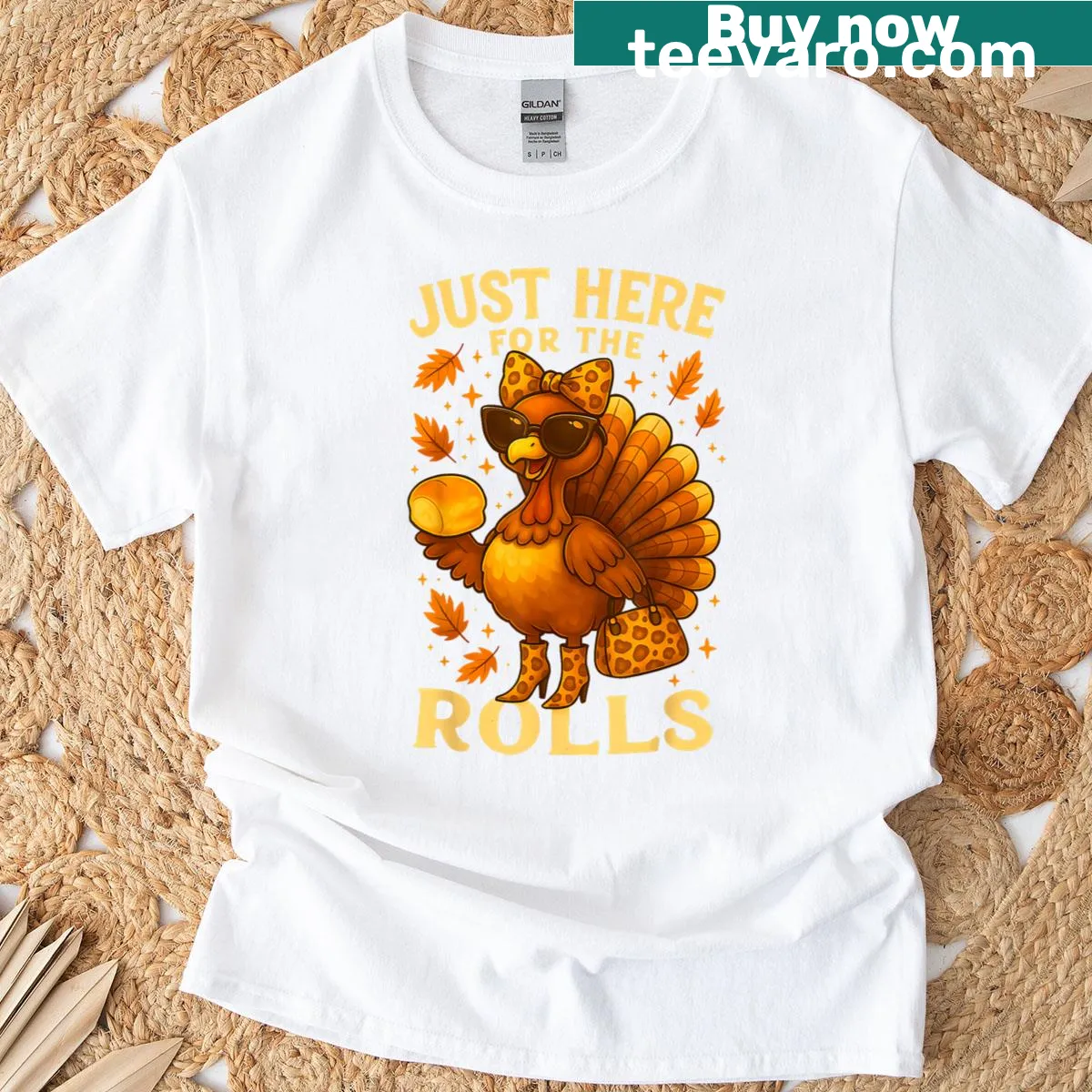 Fun Thanksgiving T-shirt with leopard print and 'Just Here For The Rolls' text — on a men's t-shirt