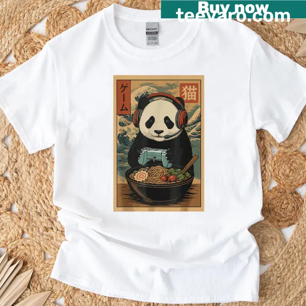 Kawaii T-shirt with panda and ramen design for gamers