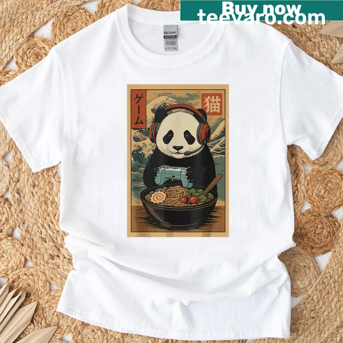 Kawaii T-shirt with panda and ramen design for gamers — on a men's t-shirt