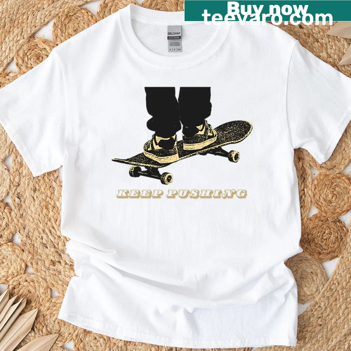 Inspirational skater t-shirt with the message 'Keep Pushing' — on a men's t-shirt