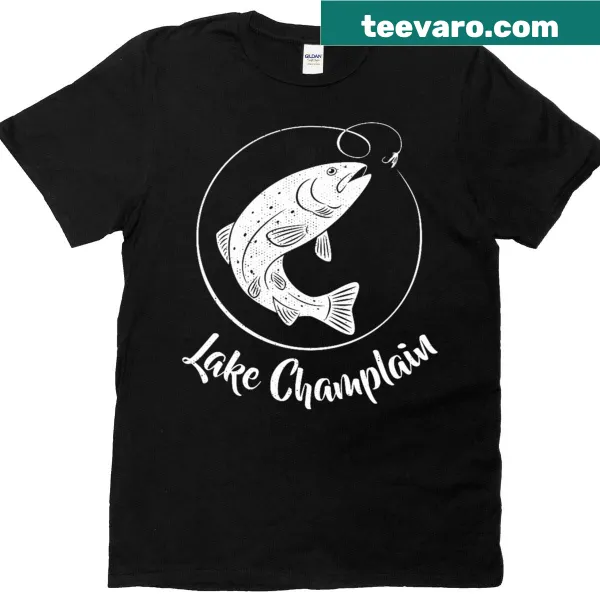 Illustrative fishing T-shirt featuring Lake Champlain and trout