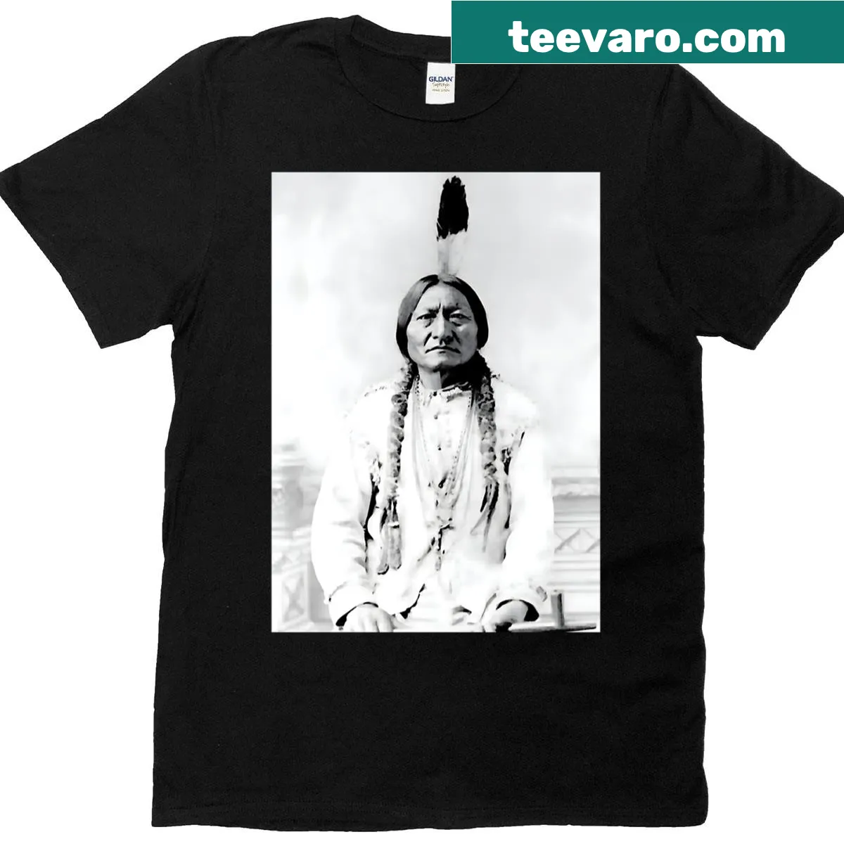 T-shirt featuring an illustration of Sitting Bull, a Lakota Chief — on a men's t-shirt