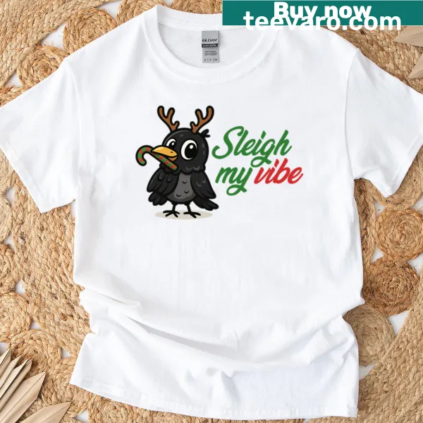 Christmas T-shirt with 'Leigh My Vibe' text and crow design