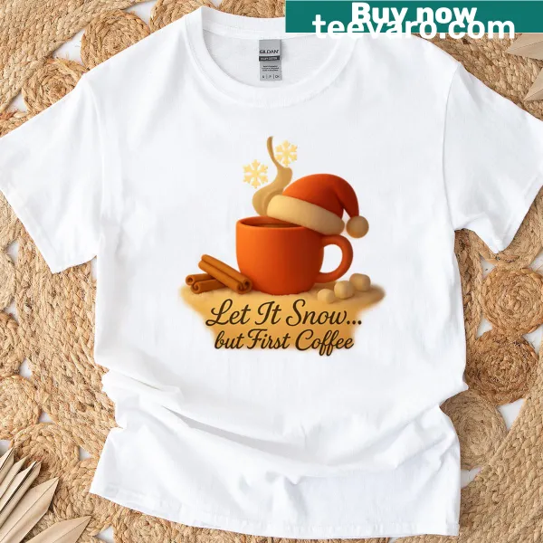 Cozy Christmas T-shirt with coffee and snow design
