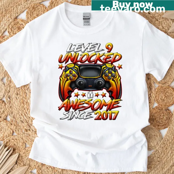 Level 9 Unlocked T-shirt for 9-year-old boys featuring video game design