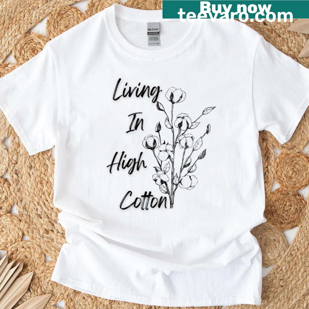 Illustrated t-shirt with 'Living In High Cotton' celebrating Southern charm. — on a men's t-shirt